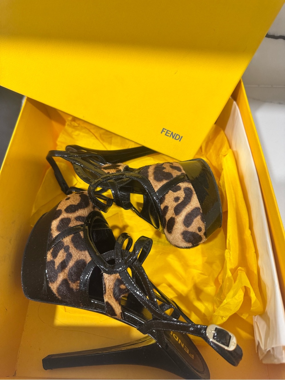 Fendi Leopard-Print Platform Lace-Up Heels in Black and Brown